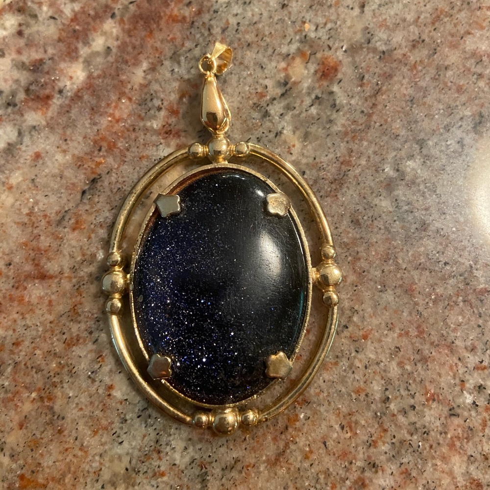 XL Vintage Blue Goldstone Pendant set in Gold Tone